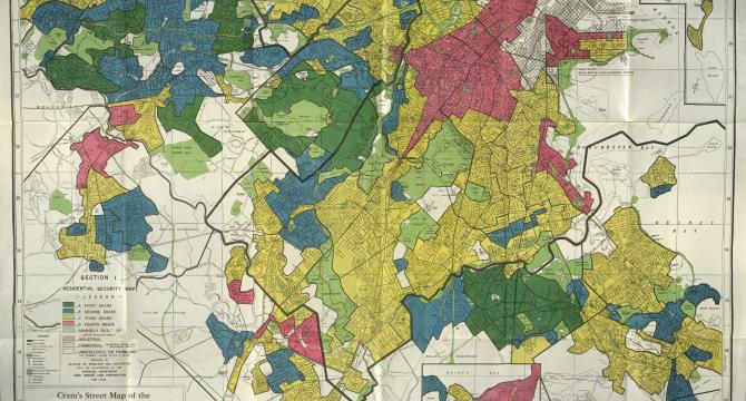 Map of Boston from 1938 with neighborhoods color coded
